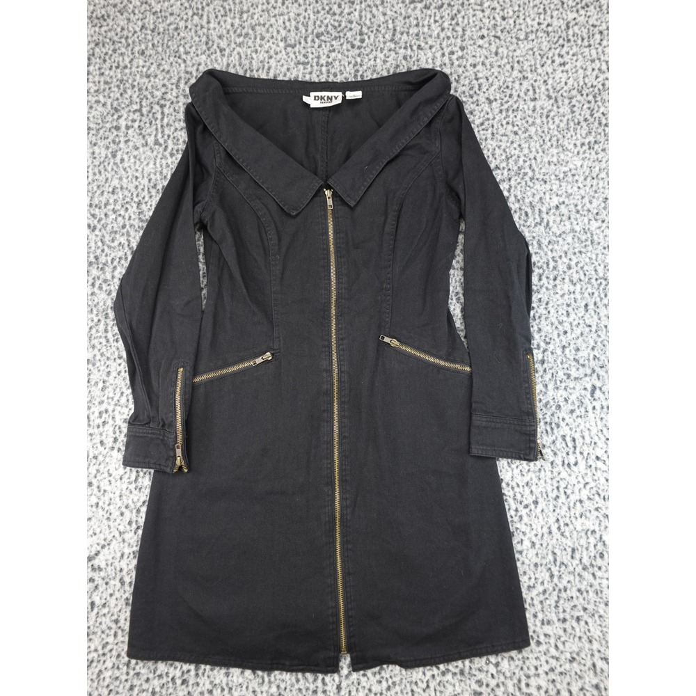 DKNY Jeans Zip Front Dress Womens 10 Black Denim Wide Collar Mini